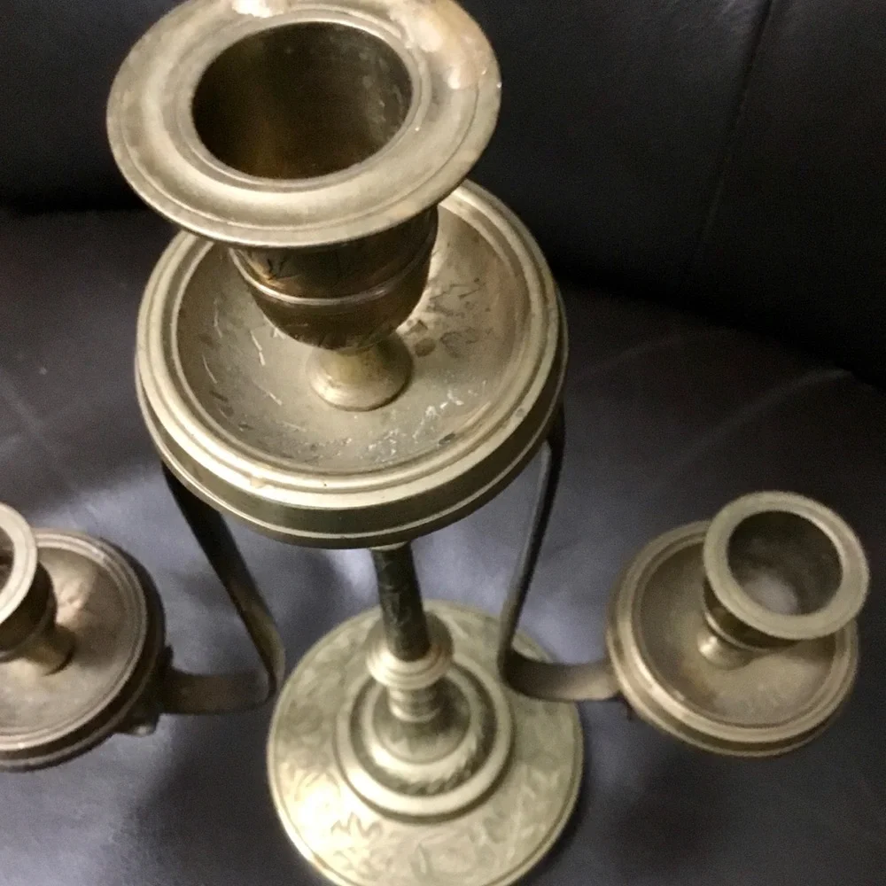Antique Solid Brass 3-Arm Candelabra Pair from India